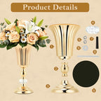 11.22’’ Small Gold Trumpet Vases for Centerpieces, Gold Vases Urn Metal Flower Arrangement Vase for Wedding Party Decoration, Pedestal Vase for Table Centerpiece