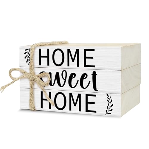 Mini Decorative Books for Home Decor, Small Rustic Wood Book Stack for Table Decor, Home Sweet Home Books for Living Room Bookshelf, Farmhouse Stacked Book Decorations (L32) - color: White