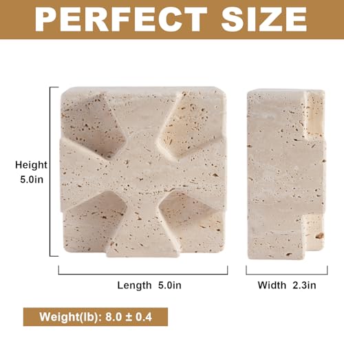Decorative Square Marble Bookends for Heavy Books – Unique Book Ends for Shelves – Modern Aesthetic Book Holder/Stopper with Non-Slip Pads for Chic Home, Office, or Library Decor(Travertino Turkey) - style: Square-Beige