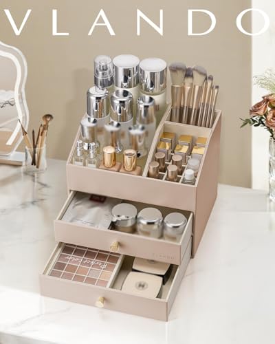 Vlando Makeup Organizer for Vanity,Large Capacity Countertop Organizer with Drawers, PU Leather Cosmetic Display Case for Lipstick,Brushes,Skincare,Bedroom Storage (Toffee) - color: 3 layers-Toffee