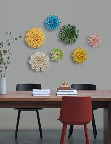SEINHIJO Ceramic Flower Wall Decor 3D Wall Art Sculpture Modern Art Gift for Bedroom Living Room Home Office Yellow 6.7 Inch