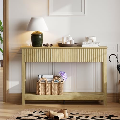 Treocho 47" Fluted Console Table with 3 Drawers, Narrow Long Entryway Table with Storage and Shelf, 2-Tier Sofa Table Behind Couch Accent Tables for Entrance Foyer, Hallway, Living Room, Oak - color: Natural