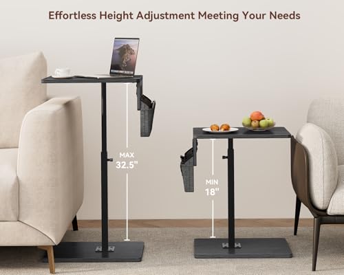 Vagusicc Sofa Armrest Tray Table for Couch - 360° Swivel Height Adjustable Side Table for Small Spaces, Snack Side Table for Bed or Chair, C Shaped End Table Snack Table for Eating Dinner Laptop - color: Gray Walnut, style: With Plug+Storage Bag