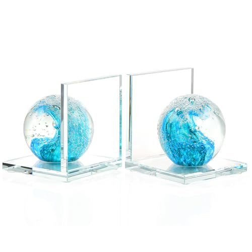 Book Ends for Shelves, Glass Bookends with Turquoise Crystal Hand Blown Sea Wave Ball, Non Skid Sturdy Glass Decorative Bookends for Ocean Lovers, Heavy Books, Office, Set of 2 - color: Light Blue+green