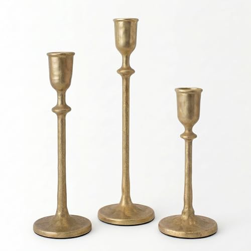 BANOMII Antique Brass Candlestick Holders Set of 3, Cast Iron Taper Candle Holder for Dining Table Centerpiece, Wedding, Fireplace Mantel Decor, Vintage Tall Candle Stands, Christmas Decorations - color: Brass Gold