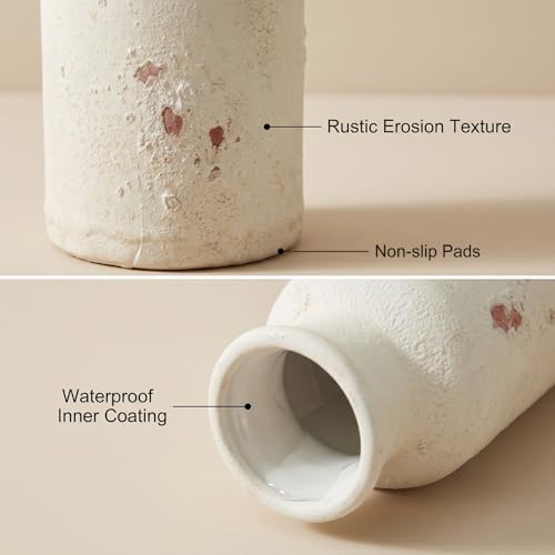 Vintage Ceramic Flower Vase Set of 3, Rustic Farmhouse Vase for Home Decor, Distressed Decorative Vase for Table Entryway Mantel Centerpiece Living Room Bathroom Bedroom (Weathered White) - color: 117-weathered White