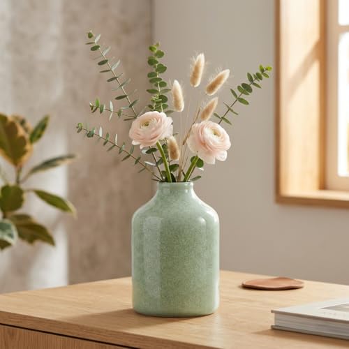 Sunddo Modern Green Vase - 8 Inch Ceramic Flower Vases Home Decor, Minimalist Decorative Vase for Centerpiece, Dining Table, Living Room, Office Desk Decor, Dresser, Easter Table Decoration - color: Green, size: 8 inch