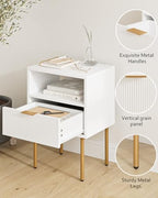Masupu Nightstand,Mid-Century Modern Bedside Table with Storage Drawer and Open Wood Shelf,Small Gold Frame Side Table for Bedroom,Living Room,White - color: A.white, style: 1 Drawer
