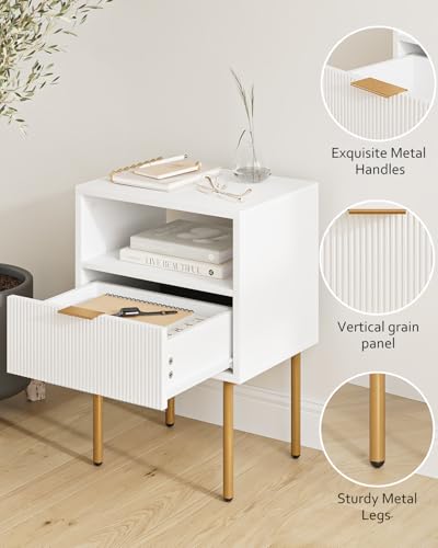 Masupu Nightstand,Mid-Century Modern Bedside Table with Storage Drawer and Open Wood Shelf,Small Gold Frame Side Table for Bedroom,Living Room,White - color: A.white, style: 1 Drawer