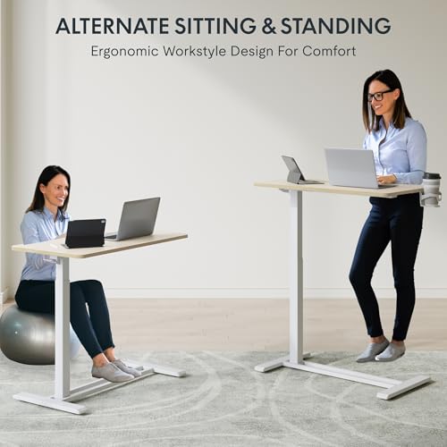FLEXISPOT H7 Adjustable Overbed Bedside Table with Wheels Pneumatic Mobile Standing Desk Laptop Desk Rolling Computer Cart Movable Overbed Table Hospital Home Use(31.5" W x 17.7" D, White Wood Grain) - color: White Wood Grain, size: Large
