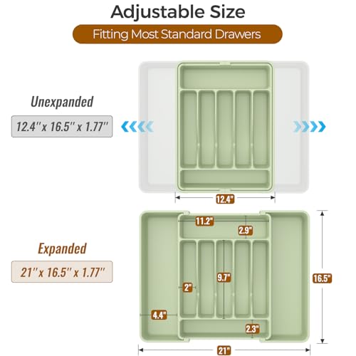 ukeetap Extra Large Expandable Silverware Organizer, BPA-Free Food-Safe Cutlery Flatware Organizer, Kitchen Utensil Drawer Organizer, Adjustable Silverware Holder for Spoons Forks Knives, Green - color: Green