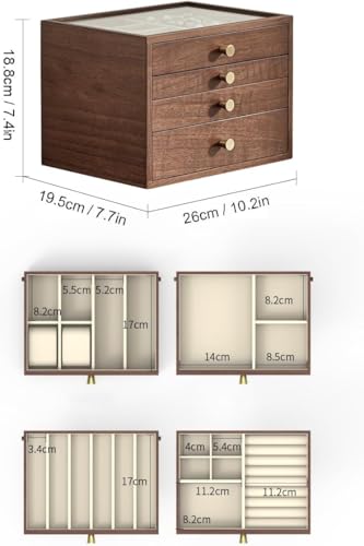 CHOSIN Black Walnut Jewelry Box for Women, 4-Layer Wooden Organizer with Glass Lid, for Watches, Necklaces, Rings & Earrings Storage Christmas Gifts - style: 4 Layer A
