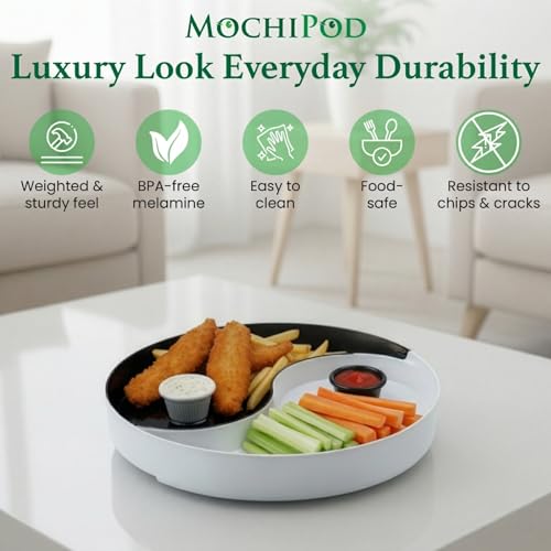 Chip and Dip Serving Tray – Yin Yang Divided Snack & Appetizer Platter with Built-In Dip Bowls, 14” Large Round Hosting Plate for Charcuterie, Fruit, Veggies & Party Snacks