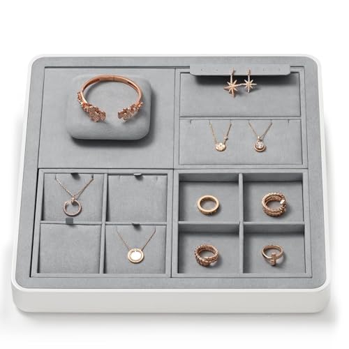 Microfiber 16 Grids Stackable Jewelry Display Trays Showcase Jewelry Organizer Storage Trays(Gray) - size: 5.49" x 5.52" x 0.78"