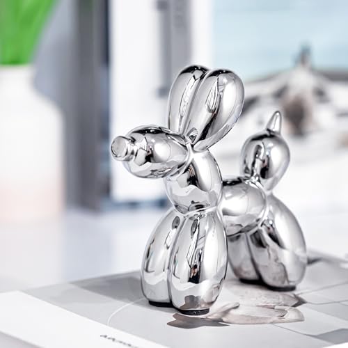 Creative Silver Balloon Dog Statues Small Ceramic Animal Sculpture Modern Home Decor Living Room Desktop Decorations Bedroom Office Cabinet Ornament (Silver) - color: Sliver