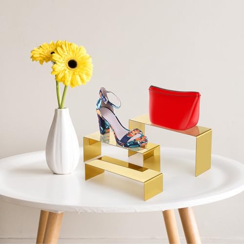 Hedume Set of 3 Shoe Handbag Display Stand, Gold Stainless Steel Purse Display Risers, Countertop Risers for Perfume Handbag Shoe Jewelry Holder
