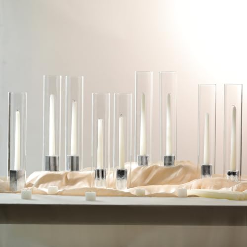 LETINE Hurricane Candle Holders with Silver Ribbed Taper Candle Holders Set of 9 (14")– Bulk Windproof Taper Candle Hurricane Glass for Outdoor&Indoors Wedding Centerpiece, Event & Home Decor - color: Silver, size: 14H"-9pcs+9pcs Taper Holder1.57"/2.36"/3