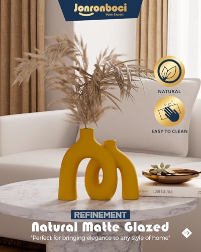 Hug Donut Decorative Vase Set - Yellow Vase, Modern Nordic Boho Style Vases Home Decor, Matte Ceramic Decorations for Living Room Shelf, Bookshelf Mantle Entryway Table or Console Décor (Yellow) - color: Yellow