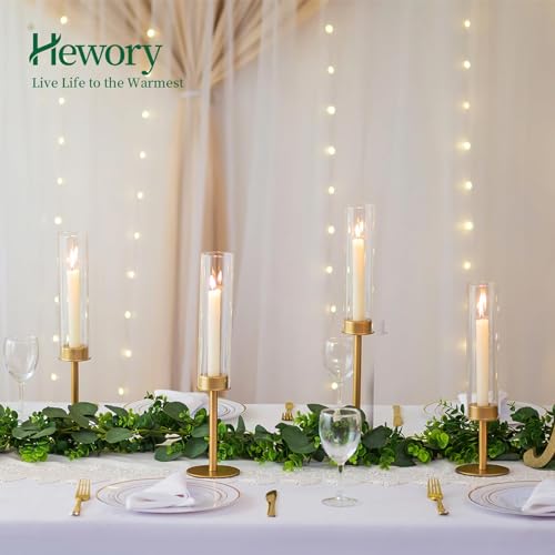 Hewory Gold Candle Holders, 12Pcs Brass Hurricane Candlestick Holders with Glass Candle Cover for Wedding Table Centerpiece Christmas Decor - color: Matte Gold, size: 12pcs