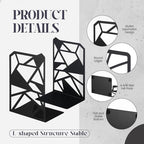 Feifeiya 6 Pairs Decorative Book Ends Metal Bookends for Shelves Black Metal Heavy Duty Book Ends Holder Supports Stoppers for Home Office School, 6.9x4.9x3.5”(Geometrical) - style: Geometrical