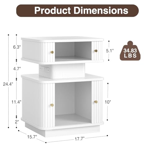 LED Light End Table with Charging Station, White Mid Century Bedside Table with USB Type A C Ports, Small Fluted Accent TV Control Nightstand with 2 Sliding Door for Living Room, Curvy Edge - color: White