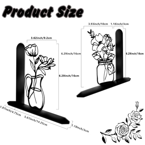 2Pcs 2 Styles Flower Vase Bookends Book Stopper Vase Modern Minimalist Design Black Decorative Heavy Duty Metal Book Ends for Shelves Office Desk Organizer Stylish 7.48 x 6.3 x 1.18 Inch - color: Vase