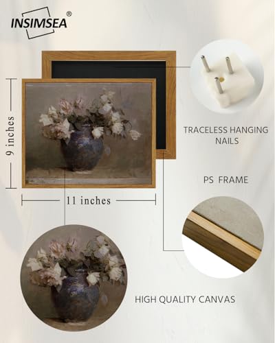 InSimSea Framed Canvas Wall Art Vintage Decor, Home Decor Flower in Pots Canvas Wall Painting Decor, Rustic Farmhouse Wall Decoration, Canvas Prints for Living Room Bedroom Office, 9"x11" - color: Roses in Vase, size: 11"L x 9"W