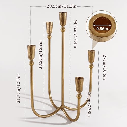 Cast Iron Candelabra 5-Taper Candle Holders, Candlestick Holders Tabletop Candles Stand, Decorative Table Centerpieces Mantel Decor, Antique Brass - color: 5-arm With Beads