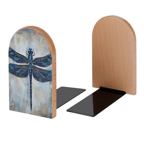 Blue Ethnic Dragonfly Book Ends Decorative Wood Bookends for Shelves Kids Room Desk Home Office Book Stoppers for Books, DVDs, 1 Pair/2 Pieces(5x3.1 in) - color: Blue Dragonfly
