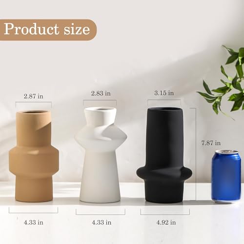 Modern Ceramic Vase Set of 3, 8 inch Simple Geometric Lines Vase for Pampas Grass Dried Fresh Flowers, Home Decor, Bedroom, Living Room, Bookshelf Decoration, Neutral Minimalist Nordic Style - color: 104