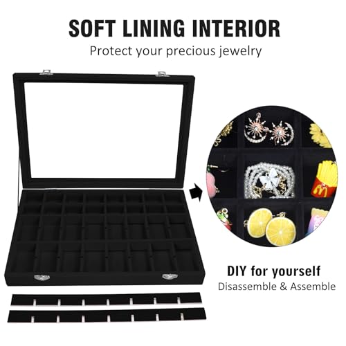 Vicoter Velvet Jewelry Tray 48 Compartments Jewelry Display Organizer with Transparent Cover Rings, Earrings, Necklaces, Pendants Storage Box for Girls, Wives, Mothers, Women - color: Black, size: 48 Grid