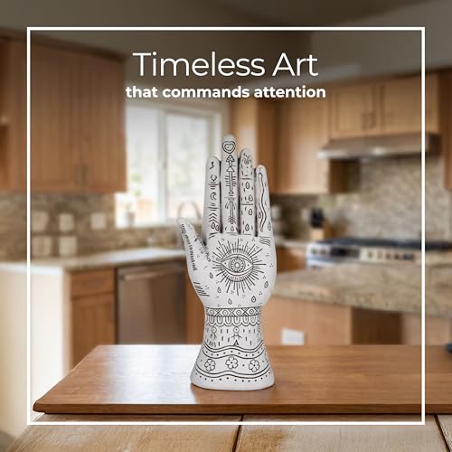Resin Tattoo Hand Figurine for Home and Office Decor - Artistic Symbols Accent Display for Bathroom, Living Room, and Shelf - Graphic Sculpture Ornament for Coffee Table Decor - 10", White & Black - color: White