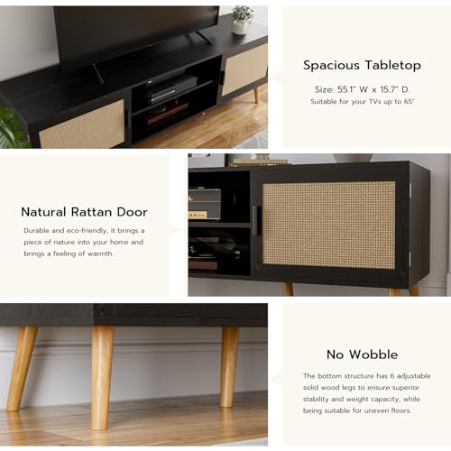 TV Stand for TVs up to 60 Inch, Modern Entertainment Center with Storage, Media Console Table with 2 Cabinets & Shelves, Wooden TV Stand for Living Room Bedroom, Black - color: Black
