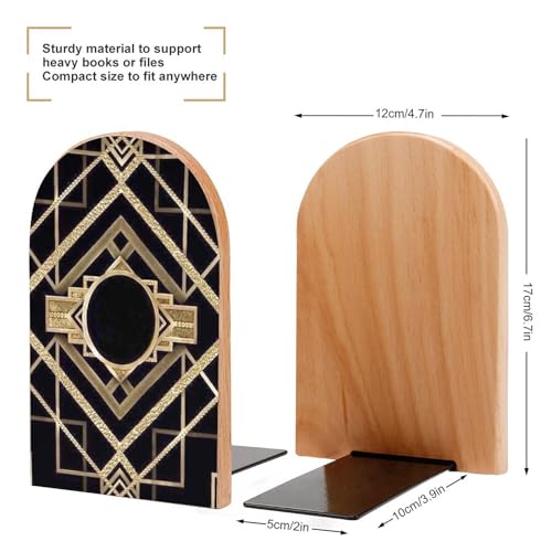 Wooden Bookends 2 Pcs,Art Deco Vintage Heavy Duty Office Book Ends Anti Slip Book Shelf Holder with Metal Base Decorative Book Stands - color: Art Deco Vintage