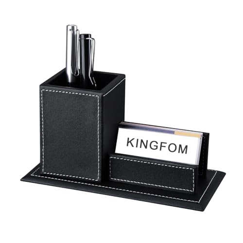 KINGFOM PU Leather Desk Organizer and Accessories, Pencil Holder for Desk with Business Cards Stand, School Office Supplies Collection Caddy Black - color: Black-M