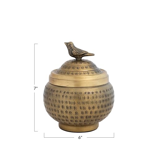 Round Hammered Metal Container with Bird Finial, Brass Finish - style: Bird
