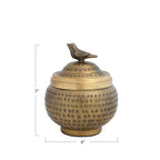 Round Hammered Metal Container with Bird Finial, Brass Finish - style: Bird