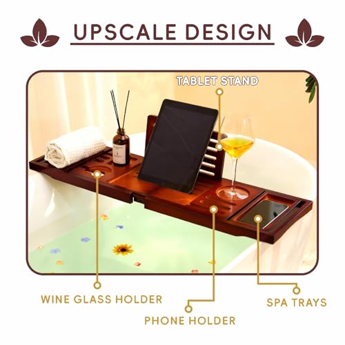 Premium Foldable Bamboo Bathtub Tray Caddy, Expandable Bath Caddy Tray with Holder, Brown Bath Shelf Over Tub, Spa Bathroom Accessories & Gifts for Home - color: Brown