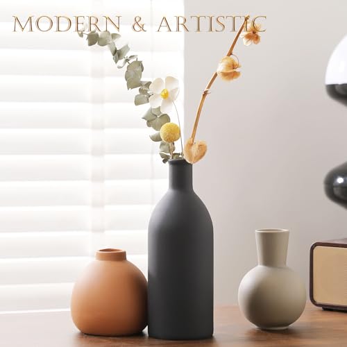 Joeabor Ceramic Vase Set of 3 - Handcrafted Ceramic Vases for Home Decor & Shelf - Modern Farmhouse Decor for Kitchen, Office, Bedroom & Living Room Decorative Objects for Mantel, Table Centerpieces - color: Set C