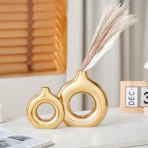 White and Gold Donut Vase, Modern Ceramic Vase for Pampas Grass, Perfect Centerpiece for Weddings, Living Room, and Office Decor (Full Gold, S) - color: Full Gold, size: Small