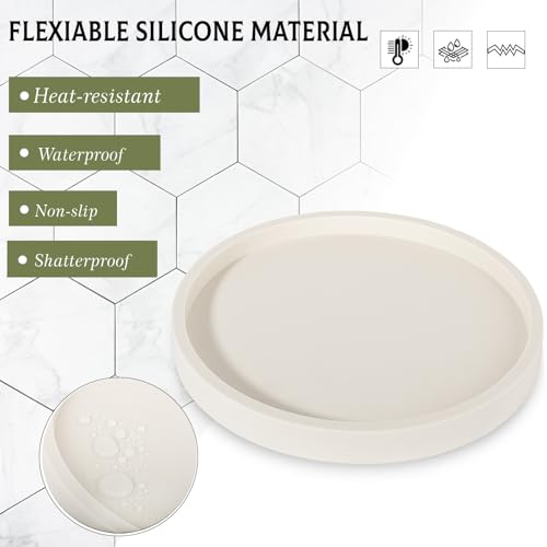Silicone Bathroom Tray Round Vanity Tray Decorative Soap Holder Kitchen Countertop Organizer Coffee Table Decor for Candle, Perfume, Plant, 10 Inch, Beige - color: Beige, size: 10"