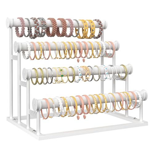 ORLESS 4 Tier Bracelet Holder, Detachable Velvet Jewelry Display Stand, T-Bar Necklace Storage Organizer Display Stand, Metal Bracelet Holder Display for Bangles Watch Bracelets Scrunchies(White) - color: White