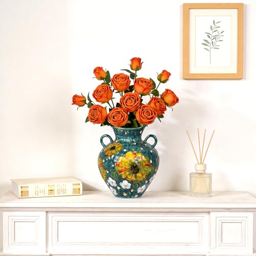 10 Inch Ceramic Vase with Sunflower & Daisy Design, Hand-Painted Decorative Flower Vase with Handles, Rustic Farmhouse Table Centerpiece, Ideal Gift for Sunflower Lovers & Home Decor Enthusiasts - color: Green-sunflower