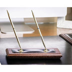 Dacasso Luxury Walnut & Black Leather Double Pen Stand with Rolling Ball Pen - Executive Desk Decor and Elegant Organizer