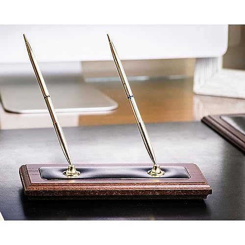 Dacasso Luxury Walnut & Black Leather Double Pen Stand with Rolling Ball Pen - Executive Desk Decor and Elegant Organizer