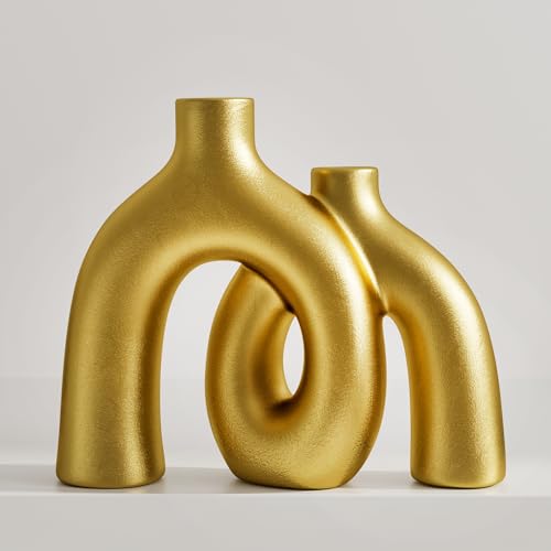 Hug Donut Decorative Vase Set - Golden Modern Classic Transitional Style Vases Home Decor, Matte Ceramic Decorations for Living Room Shelf, Bookshelf Mantle Entryway Table or Console Décor (Gold) - color: Gold