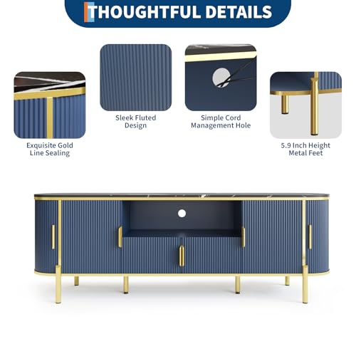 Luxury 70 in Fluted TV Stand with Faux Marble Top, Entertainment Center for TVs Up to 80 in, Wood Media Console with Curved Profile Sliding Doors and Adjustable Shelves for Living Room- Navy Blue - color: Navy Blue
