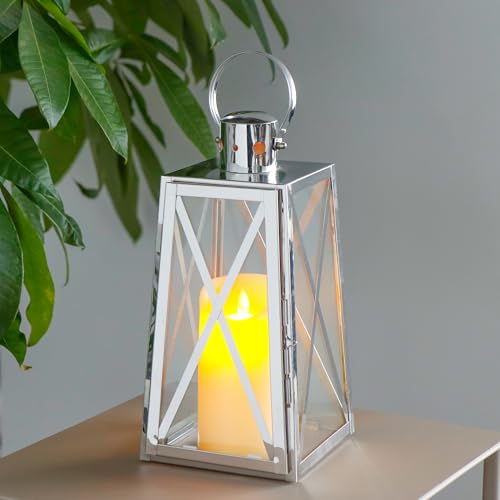 TRIROCKS Stainless Steel Decorative Lantern 12'' H Metal Candle Holder Hanging Candle Lantern with Tempered Glass for Christmas Home Decor Living Room Parties Events Indoor Outdoor(Silver Trapezoid) - color: Silver
