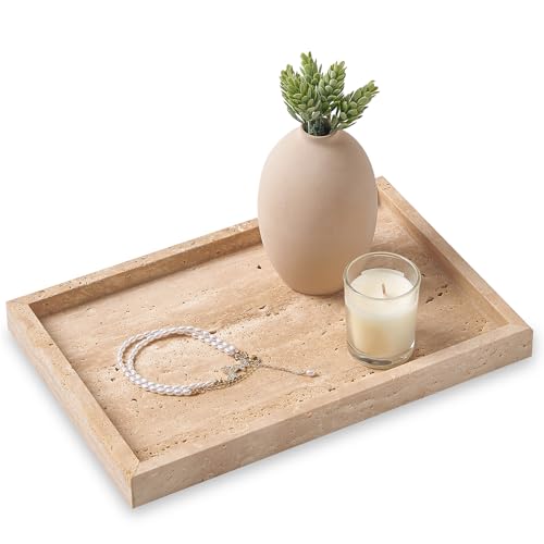 Large Travertine Vanity Tray, Luxury Stone Organizer for Bathroom & Kitchen Counter | Holds Soap Dispenser, Jewelry, Perfume Bottles | Non-Resin, Non-Ceramic Décor - color: Travertine, size: 11.8" x 7.8" x 1.2"