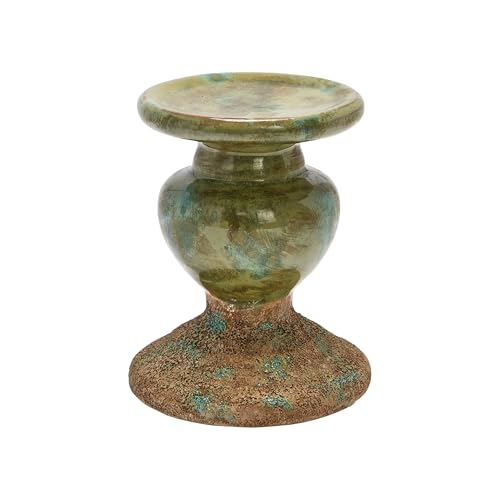 Creative Co-Op 2-Tone Sculptural Terracotta Pillar Candle Holder, Distressed Green - color: Green, size: 4.5" W x 5.25" H